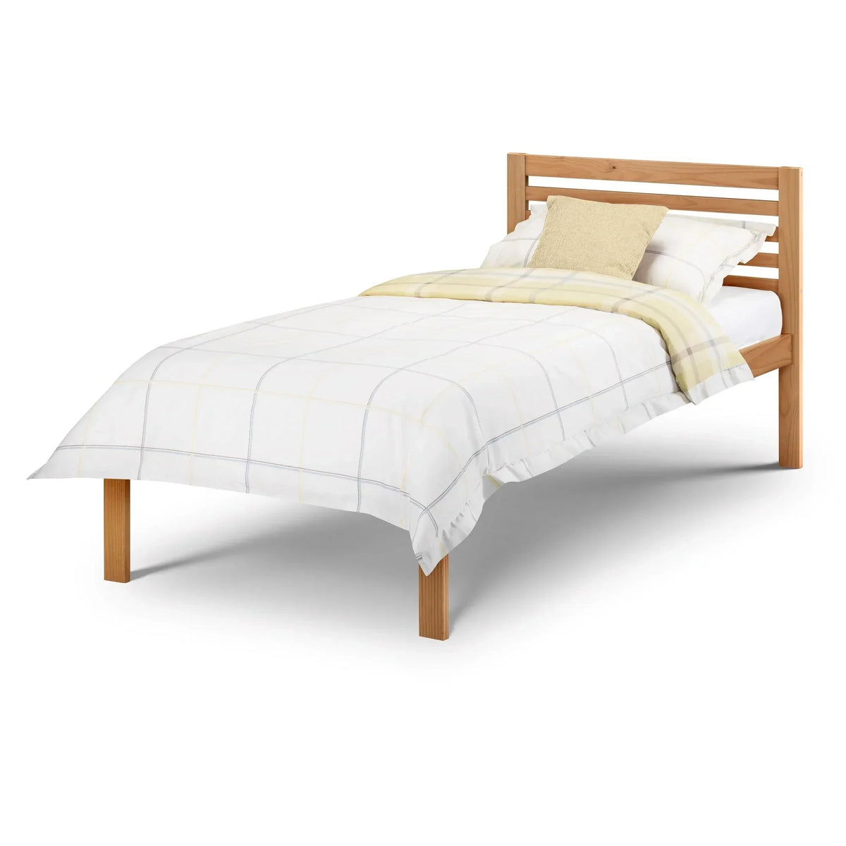 Single pine bed frame with slatted headboard, white bedding and beige throw blanket
