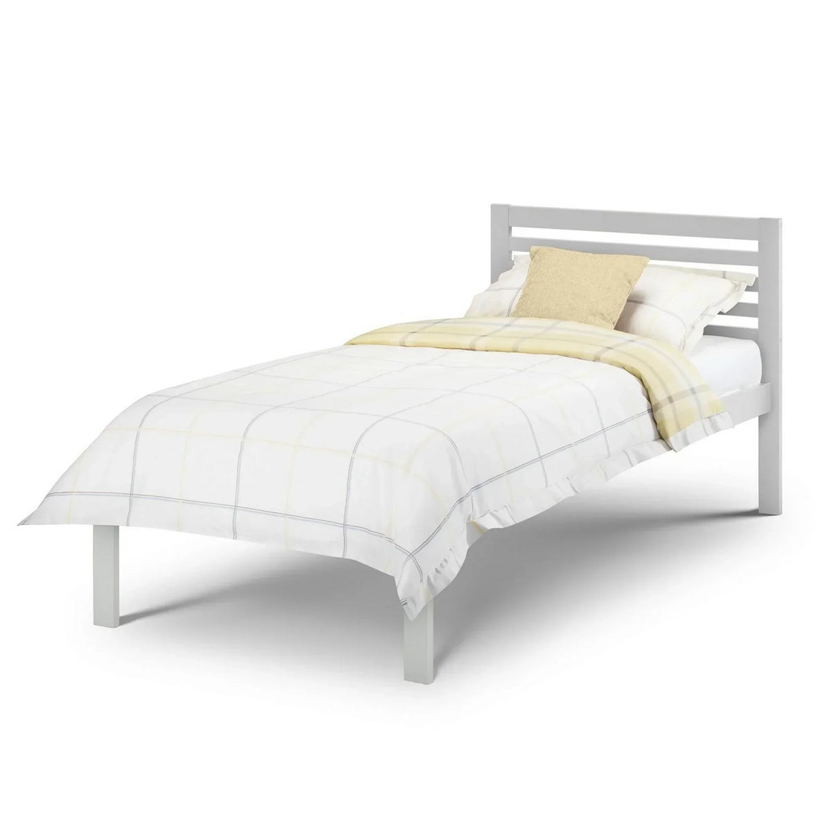 Grey bed frame with horizontal slatted headboard, white bedding and beige throw pillow