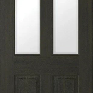 Smoked oak glazed door with two vertical glass panels and two wood panels front view