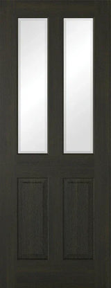Smoked oak glazed door with two vertical glass panels and two wood panels front view
