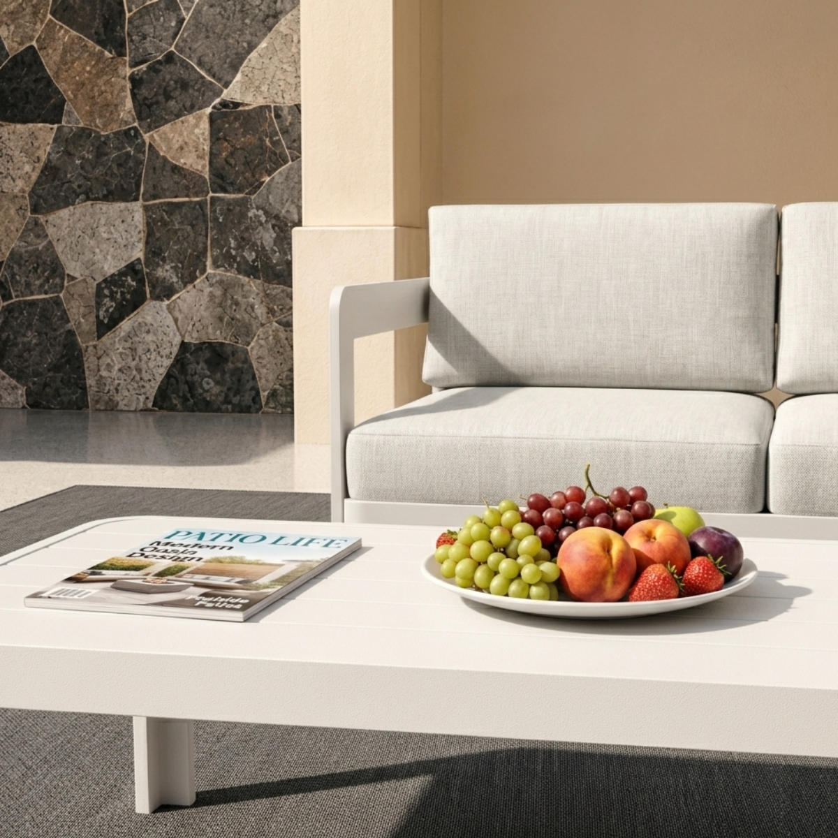 Off-white wooden slat table with mixed fresh fruit and magazine on top outdoors.