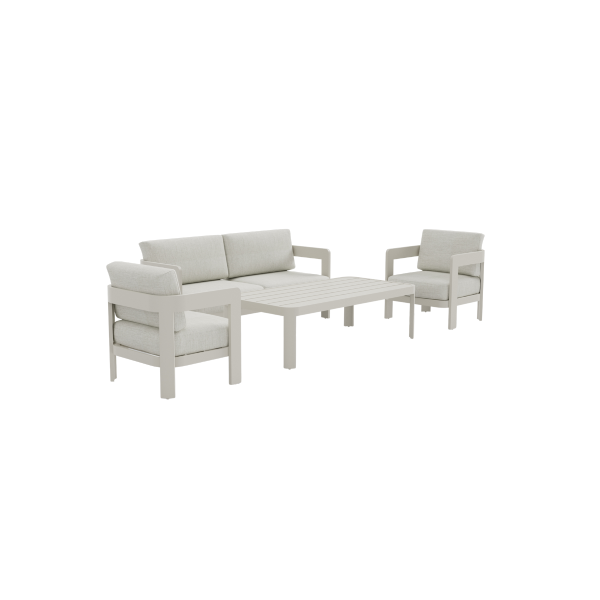 Light grey aluminium frame with fabric cushions and a rectangular slat coffee table