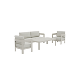 Light grey aluminium frame with fabric cushions and a rectangular slat coffee table