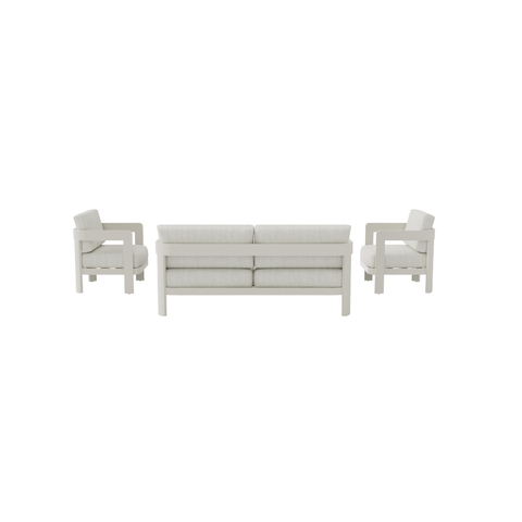 Light grey fabric cushions with white wooden frame sofa set shown from the back