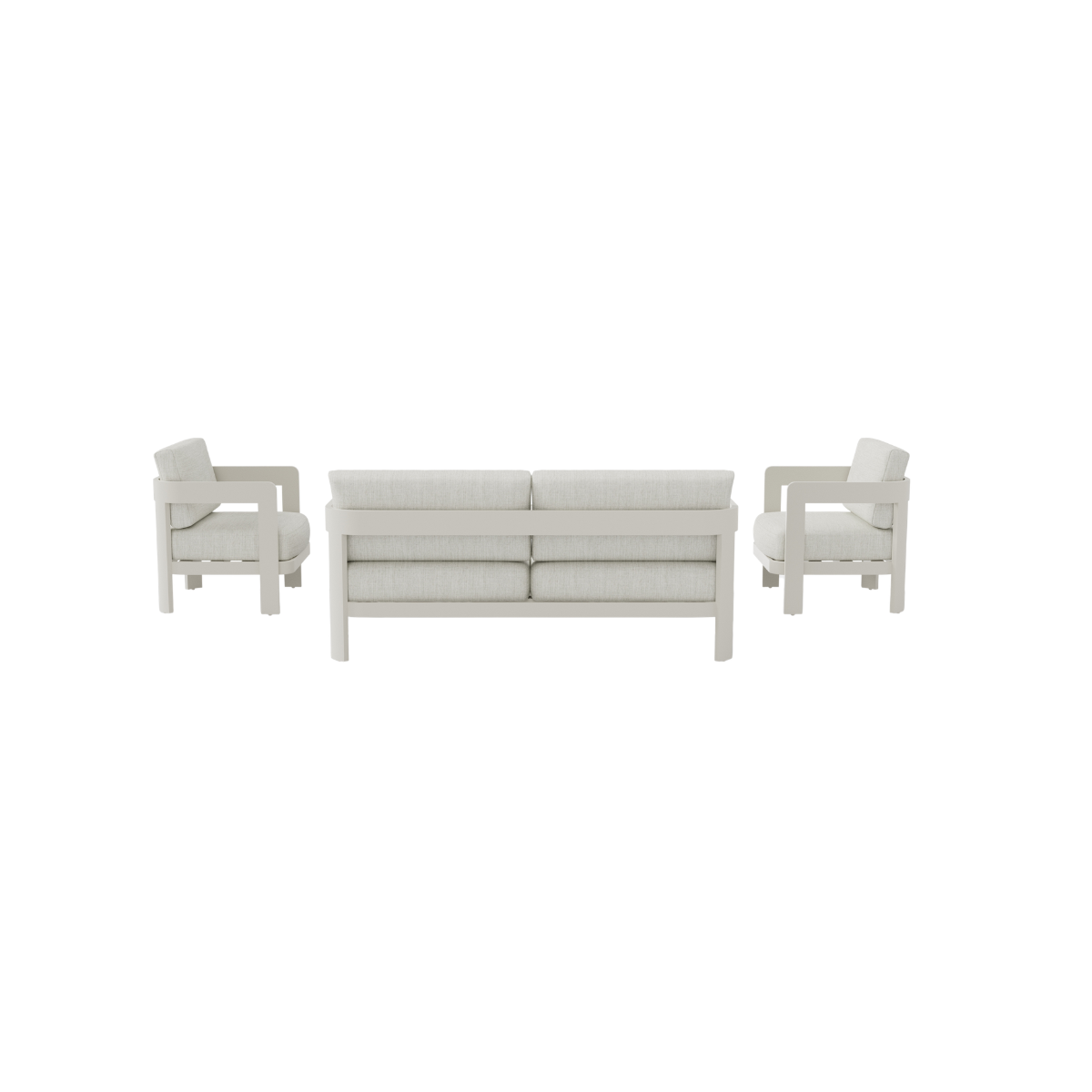 Light grey fabric cushions with white wooden frame sofa set shown from the back