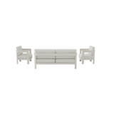 Light grey fabric cushions with white wooden frame sofa set shown from the back