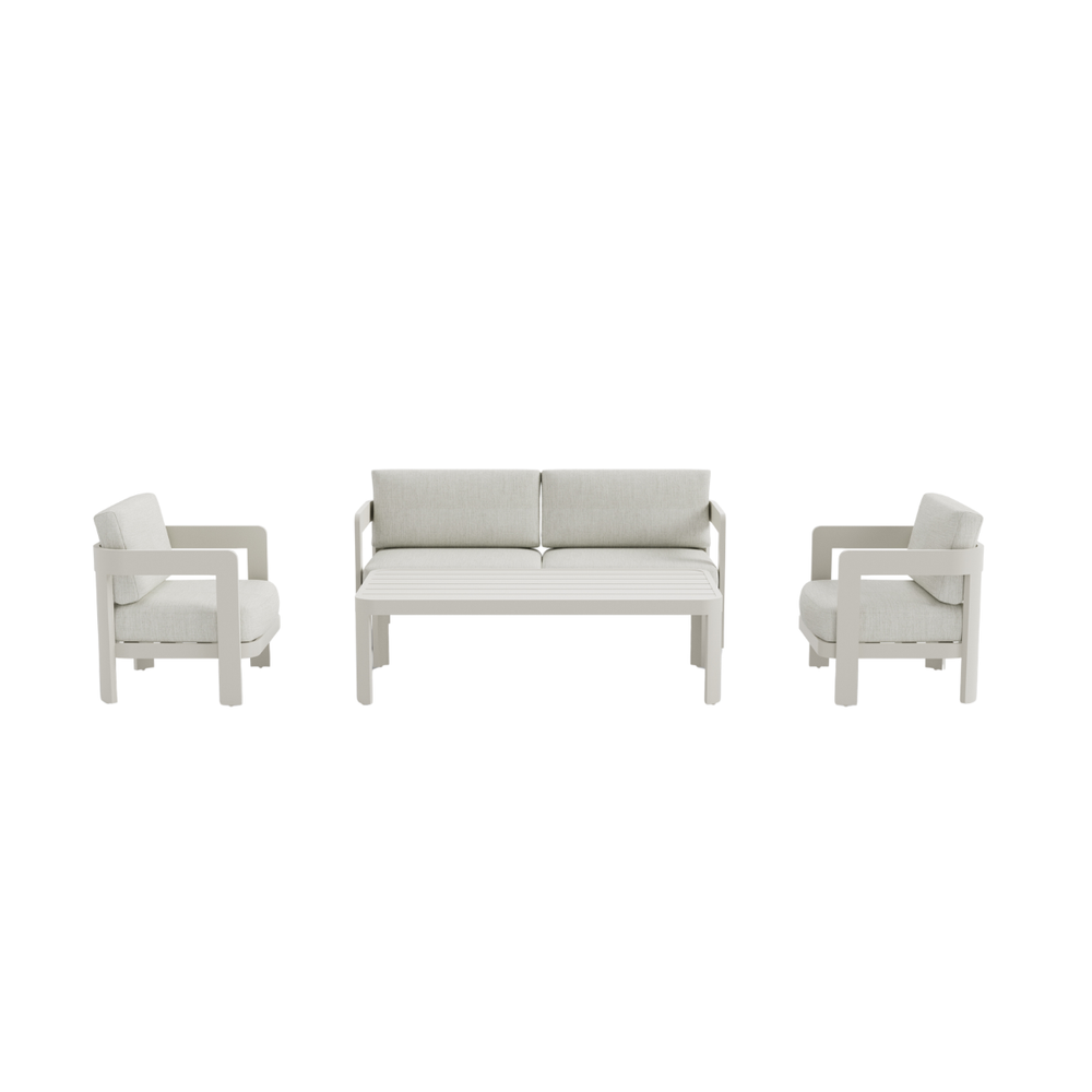 Light grey metal frame sofa set with cushioned seats and slatted coffee table