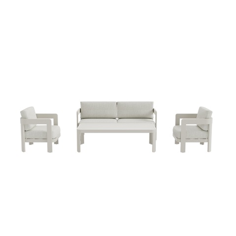 Light grey metal frame sofa set with cushioned seats and slatted coffee table