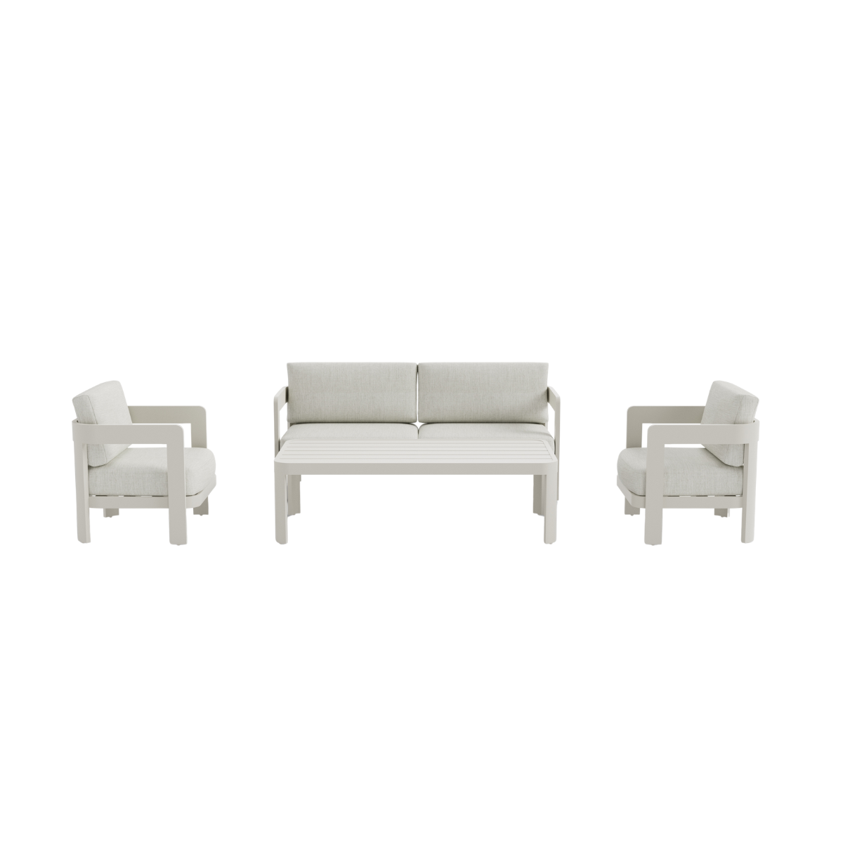 Light grey metal frame sofa set with cushioned seats and slatted coffee table