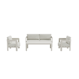 Light grey metal frame sofa set with cushioned seats and slatted coffee table