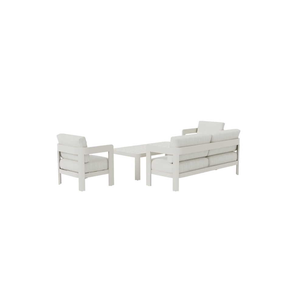 Light grey fabric cushions with off-white metal framed outdoor seating set and table