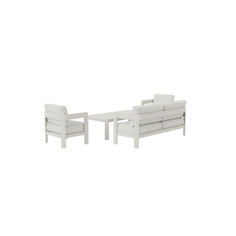 Light grey fabric cushions with off-white metal framed outdoor seating set and table
