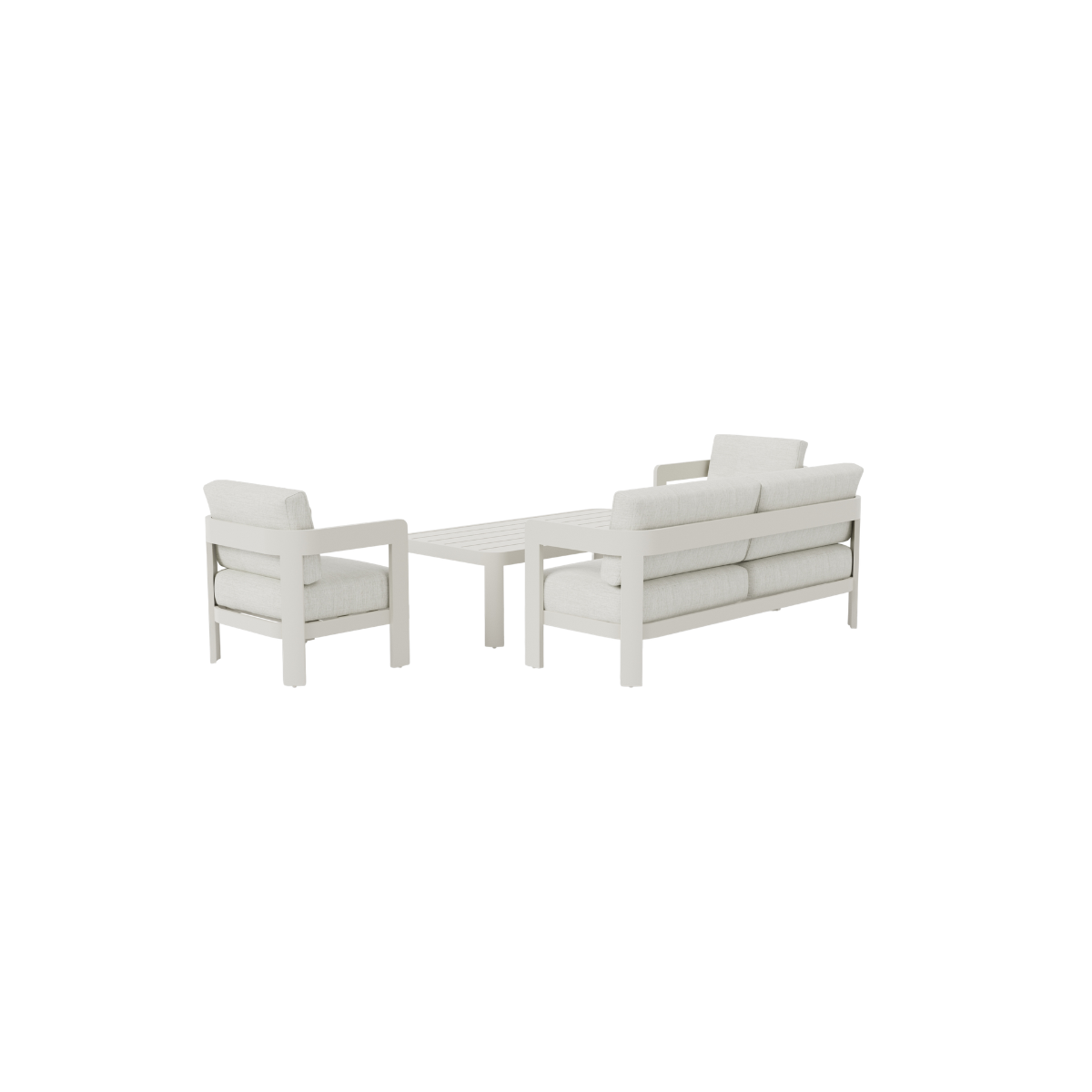 Light grey fabric cushions with off-white metal framed outdoor seating set and table