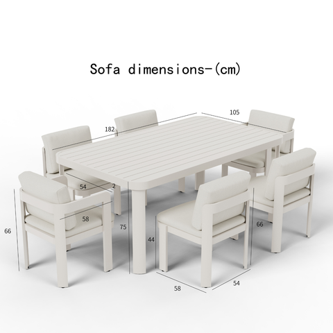 Cream fabric cushioned chairs with matching slatted rectangular table and dimension lines.