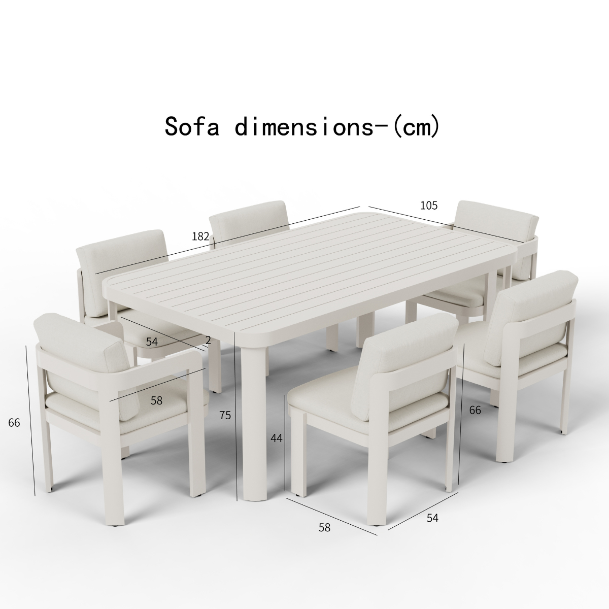 Cream fabric cushioned chairs with matching slatted rectangular table and dimension lines.