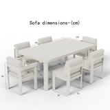 Cream fabric cushioned chairs with matching slatted rectangular table and dimension lines.