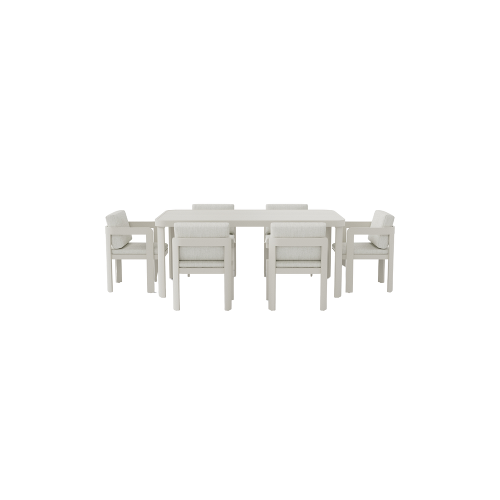 Off-white metal dining table with six cushioned chairs and armrests