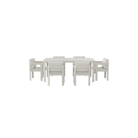 Off-white metal dining table with six cushioned chairs and armrests