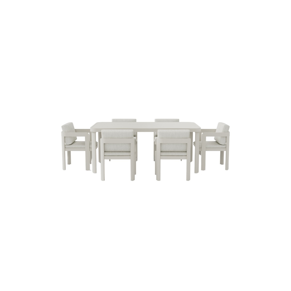 Off-white metal dining table with six cushioned chairs and armrests