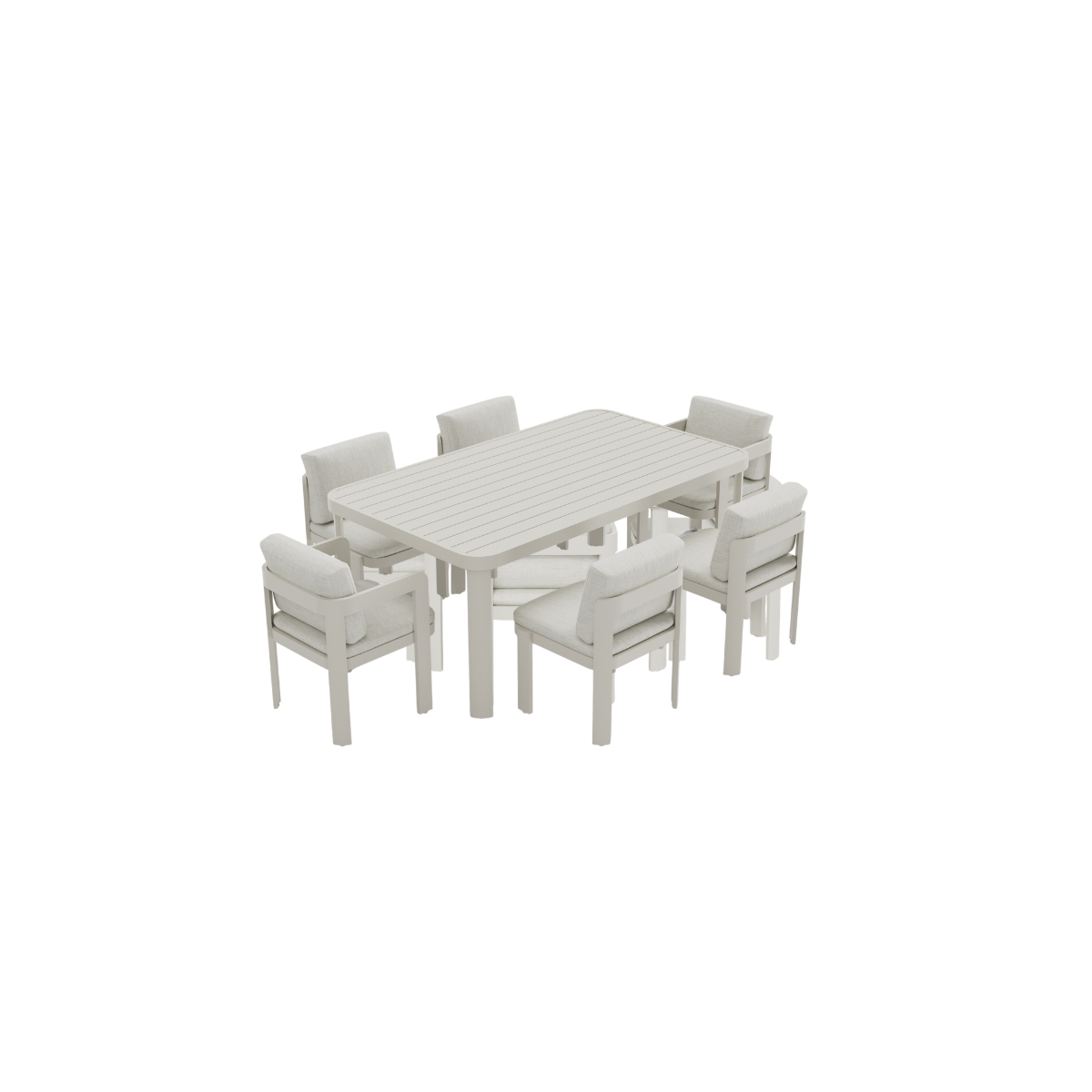 Light grey matte finish dining table with six cushioned chairs arranged around it