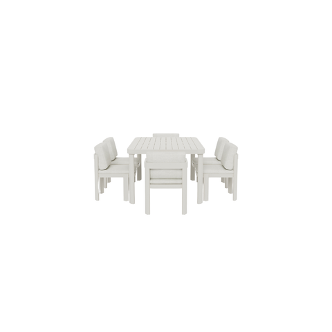 White wooden dining table with six upholstered cushioned chairs arranged evenly