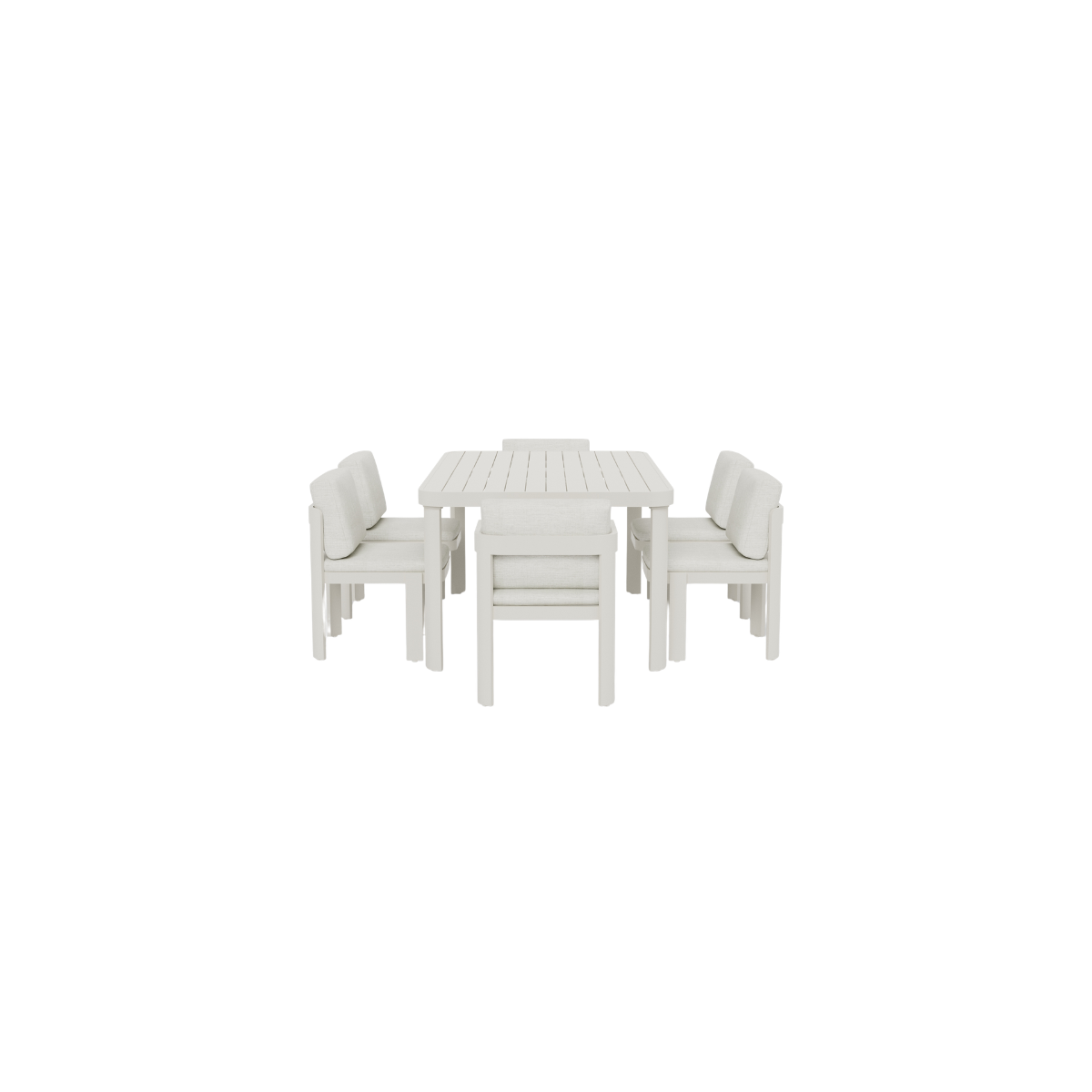 White wooden dining table with six upholstered cushioned chairs arranged evenly
