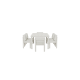White wooden dining table with six upholstered cushioned chairs arranged evenly