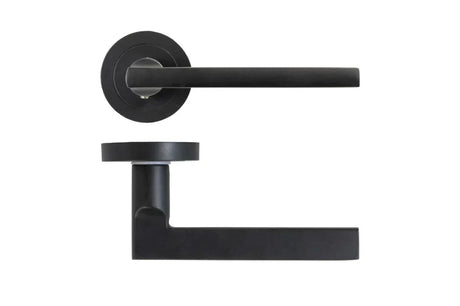 Matte black door handle set with round rose, modern minimalist design shown from two angles