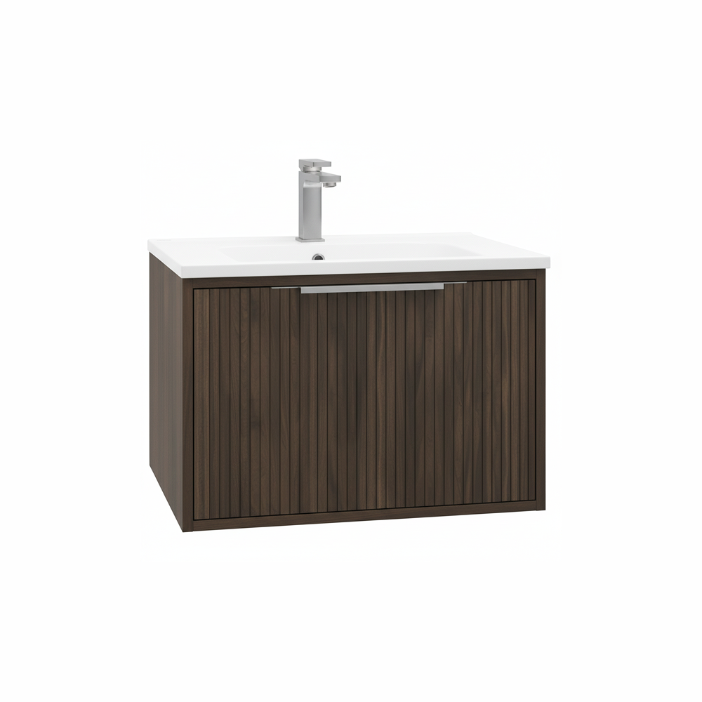 Chocolate wood effect wall hung bathroom vanity unit with single drawer | Home Centre Direct UK