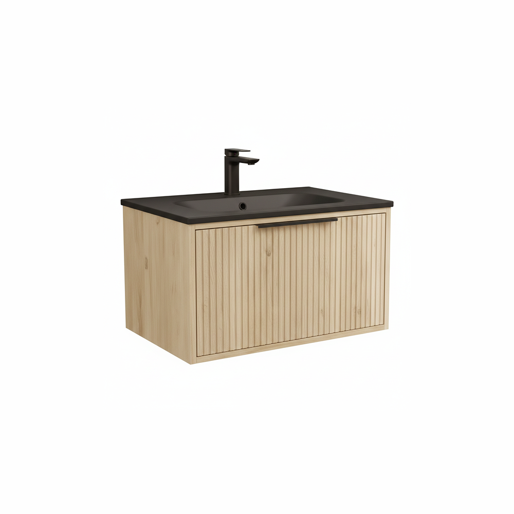 Light oak wall hung bathroom vanity unit with single drawer and wood grain finish | Home Centre Direct UK