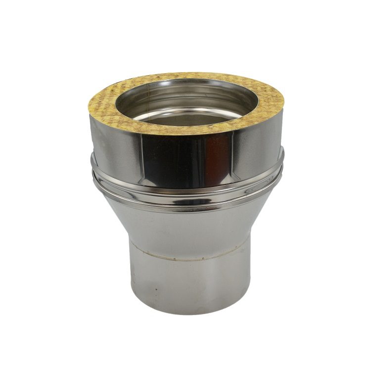130mm Solinox Start Off Increaser designed to connect 125mm to 150mm pipes, featuring a durable stainless steel construction with a smooth finish and a heat-resistant top.