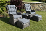 Grey rattan garden bistro set with two cushioned chairs, glass table, and two footstools