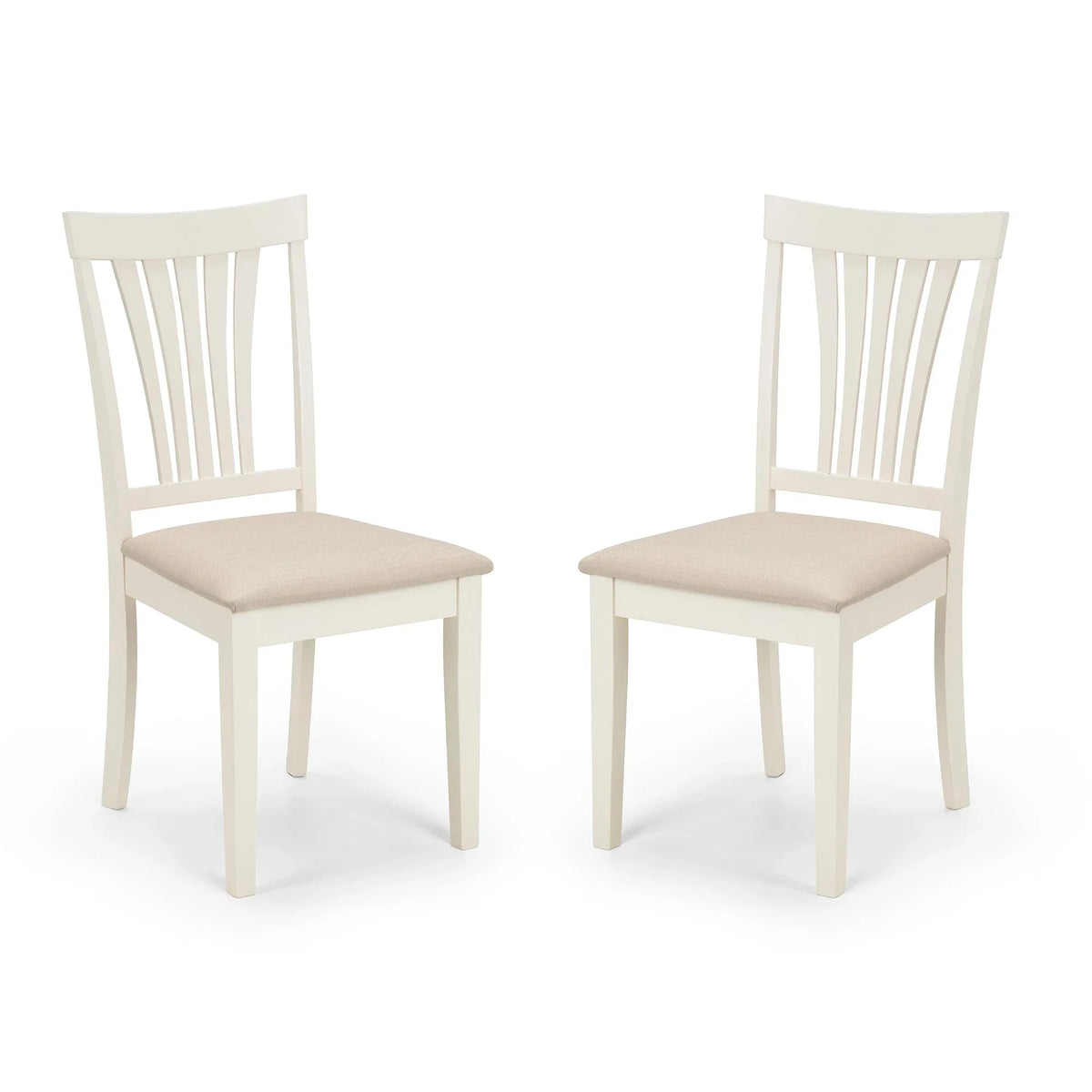 Set of 2 white wooden dining chairs with slatted backs and beige cushioned seats