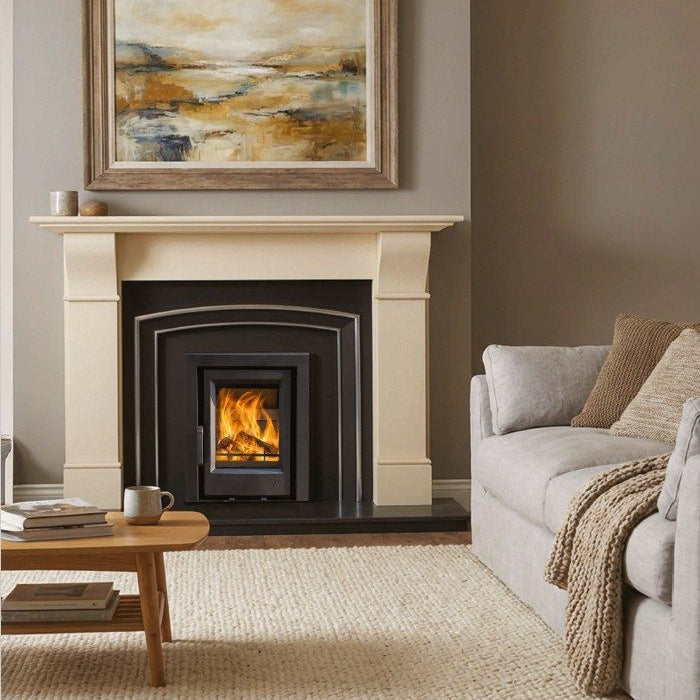 Contemporary inset stove burning wood fuel with clear glass view