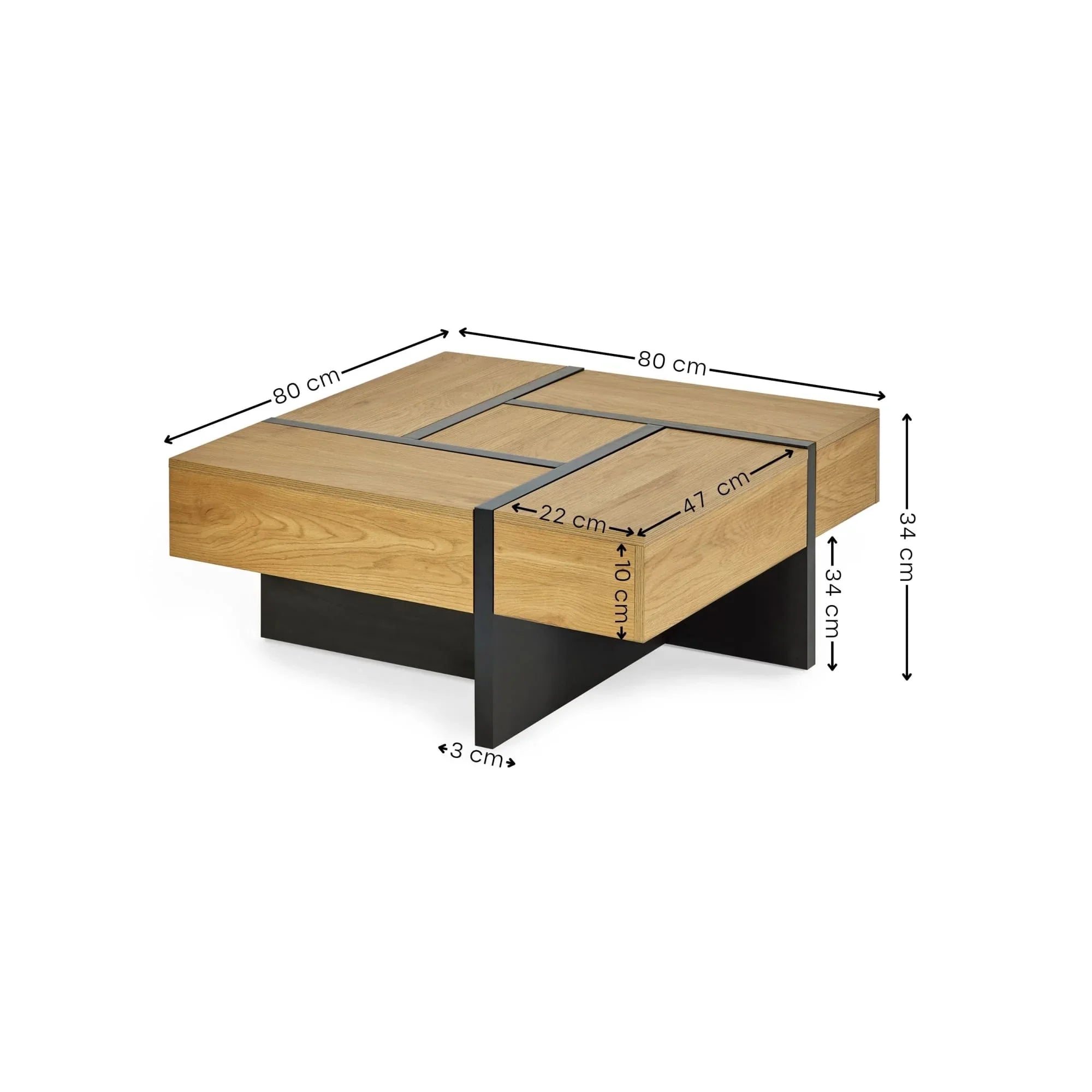 Oak wood coffee table with black metal legs, square shape, showing detailed dimensions