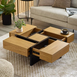Oak coffee table with black frame, open storage drawers, cup and plant in modern living room