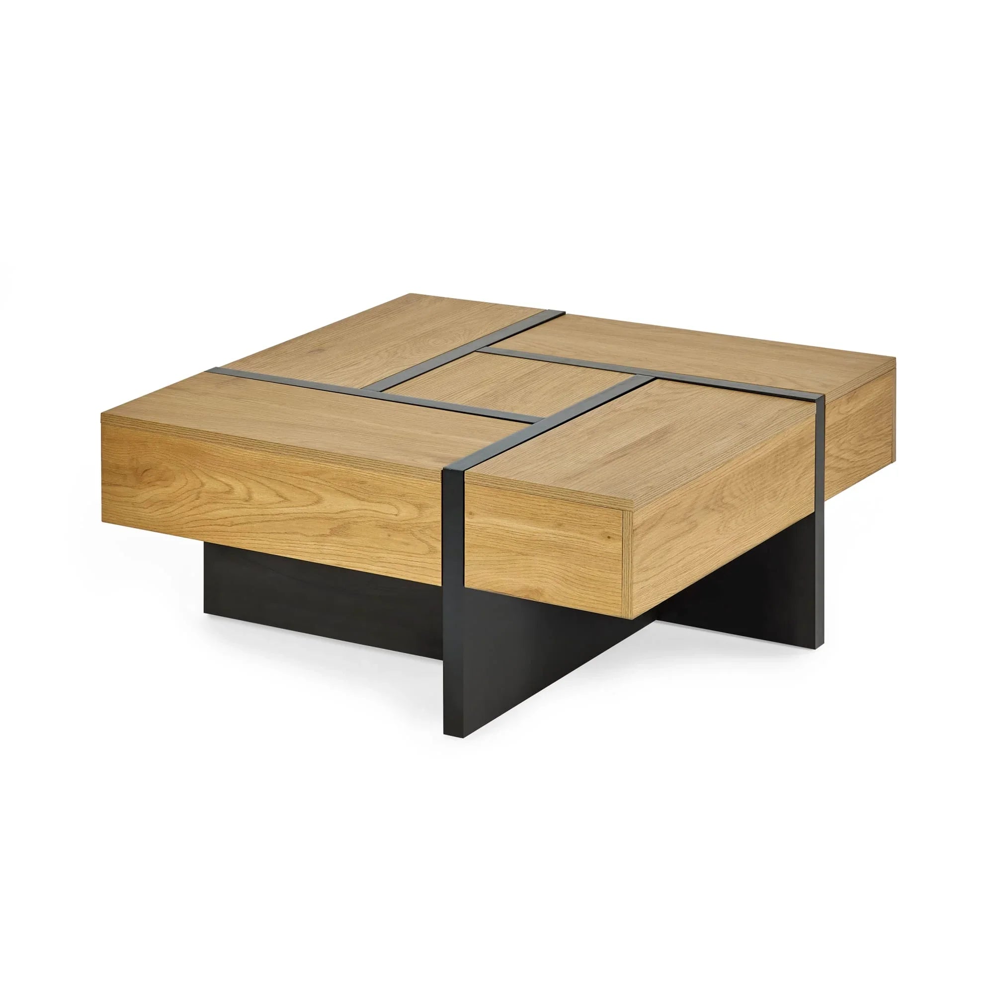 Square oak coffee table with black metal accents and modern geometric design