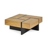 Square oak coffee table with black metal accents and modern geometric design