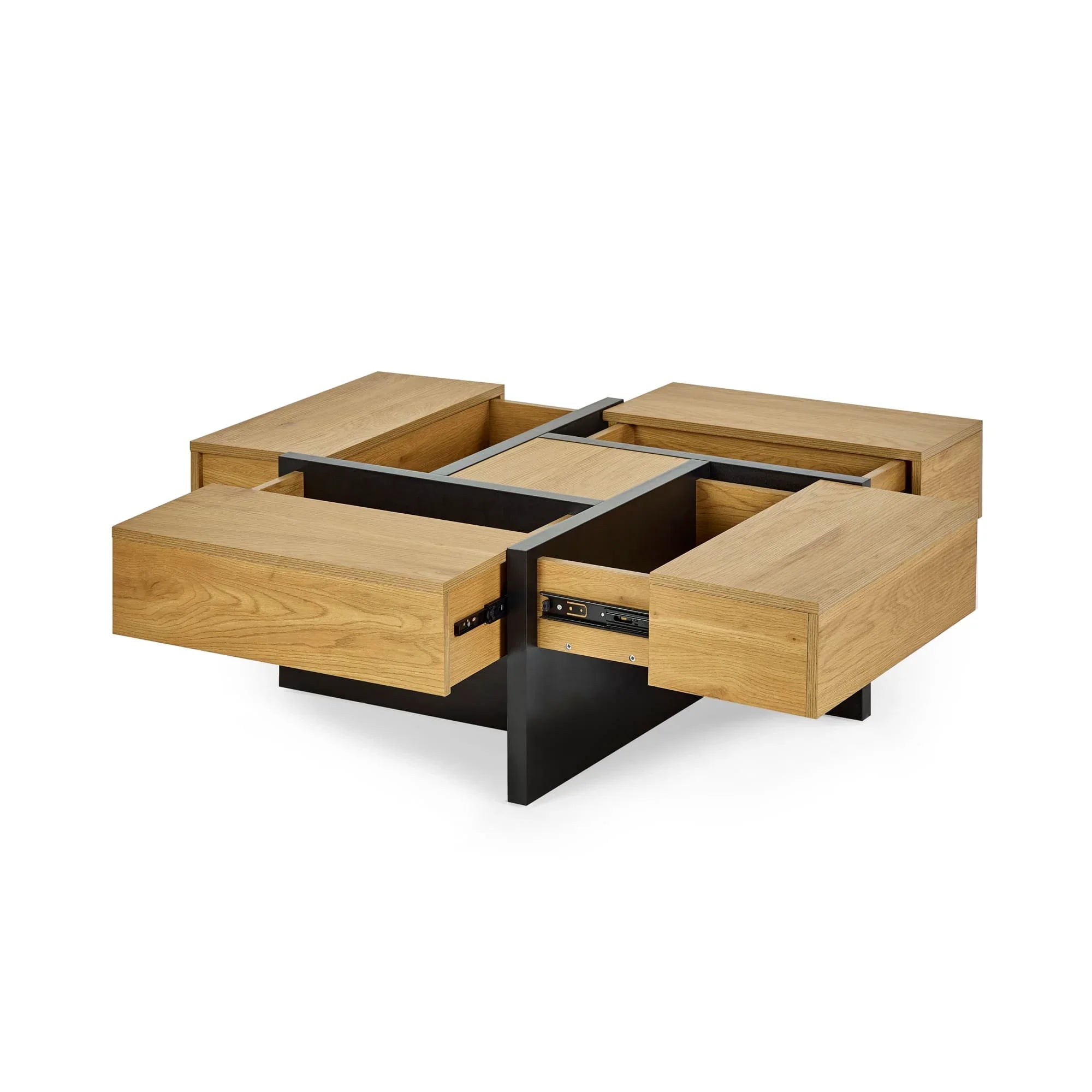 Oak coffee table with four open drawers and black metal base, modern storage furniture