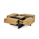 Oak coffee table with four open drawers and black metal base, modern storage furniture