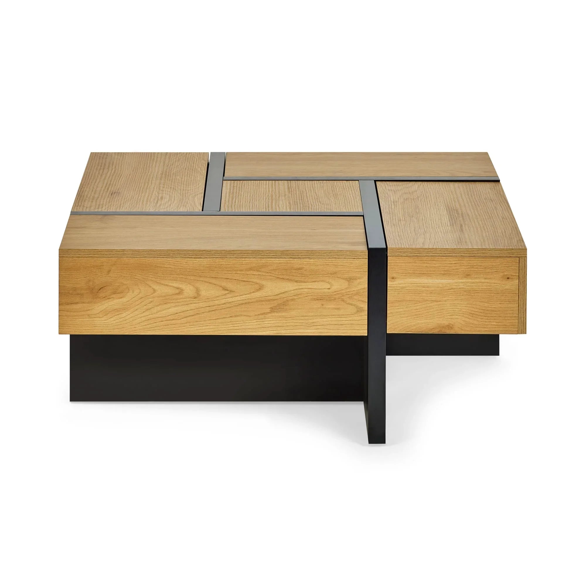 Rectangular oak coffee table with black metal accents and geometric design, front view