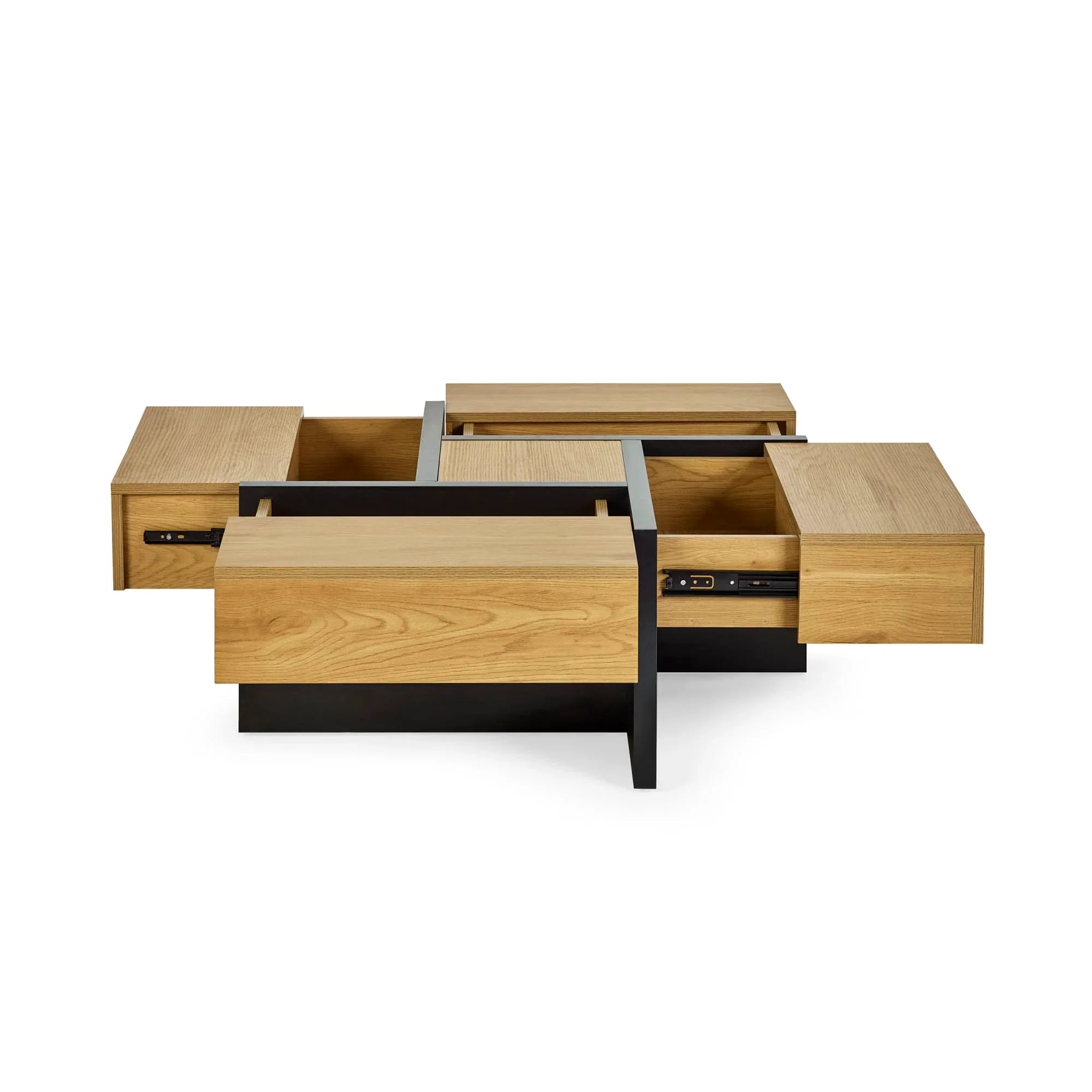 Modern oak coffee table with four open storage drawers and black metal base, front view
