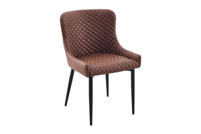 A modern dining chair upholstered in brown diamond-quilted faux leather with slim black metal legs, shown against a plain white background.