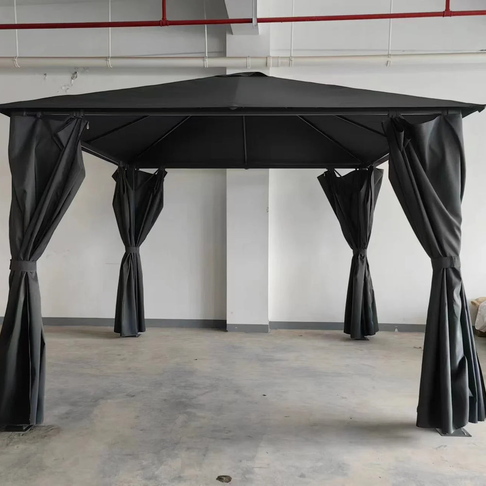 Black garden gazebo with four corner curtains and metal roof assembled indoors