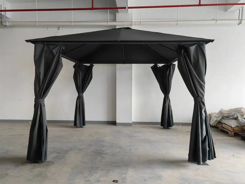 Black garden gazebo with four corner curtains and metal roof assembled indoors