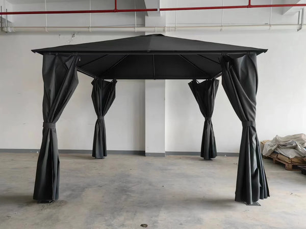 Black garden gazebo with four corner curtains and metal roof assembled indoors