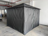 Black outdoor gazebo with full privacy curtains in indoor showroom setting