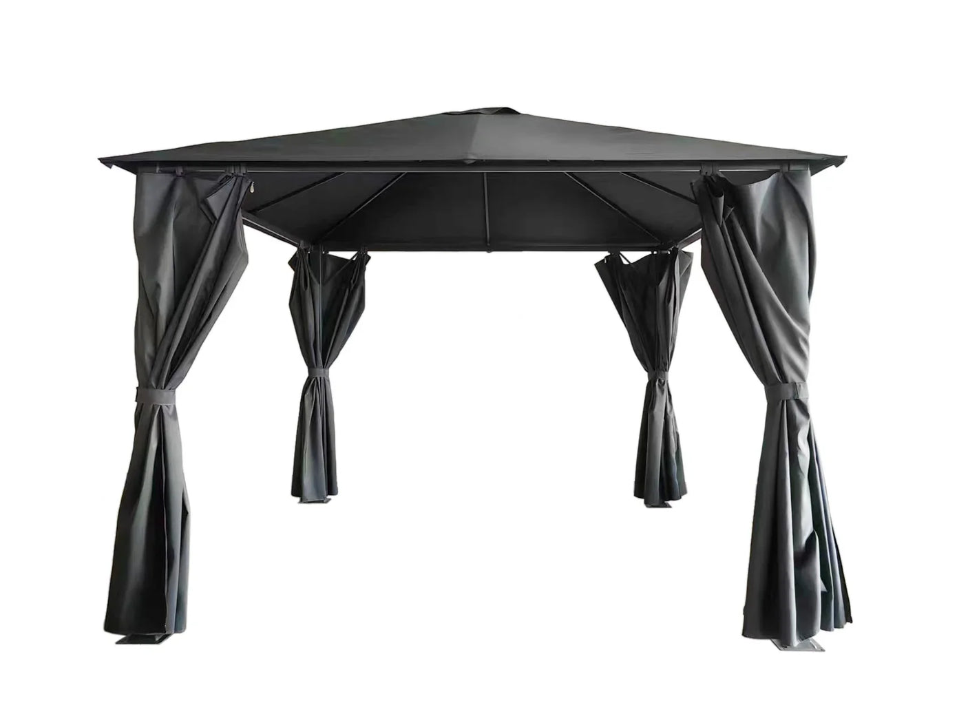 Black outdoor gazebo with tied curtains and metal roof, shown from front angle