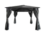 Black outdoor gazebo with tied curtains and metal roof, shown from front angle