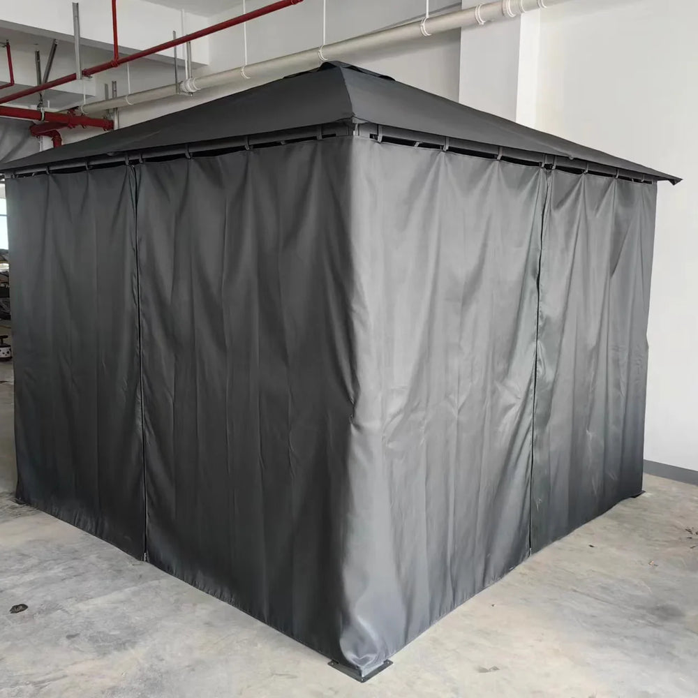 Grey outdoor gazebo with full curtain enclosure in indoor setting